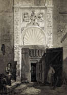 Zoom sur La porte de prison de l'ancien château de Laval vers 1850 - gravure reproduite et restaurée numériquement par © Norbert Pousseur