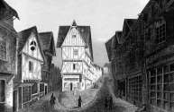 Zoom sur La rue Grande de Laval vers 1835 - gravure reproduite et restaurée numériquement par © Norbert Pousseur