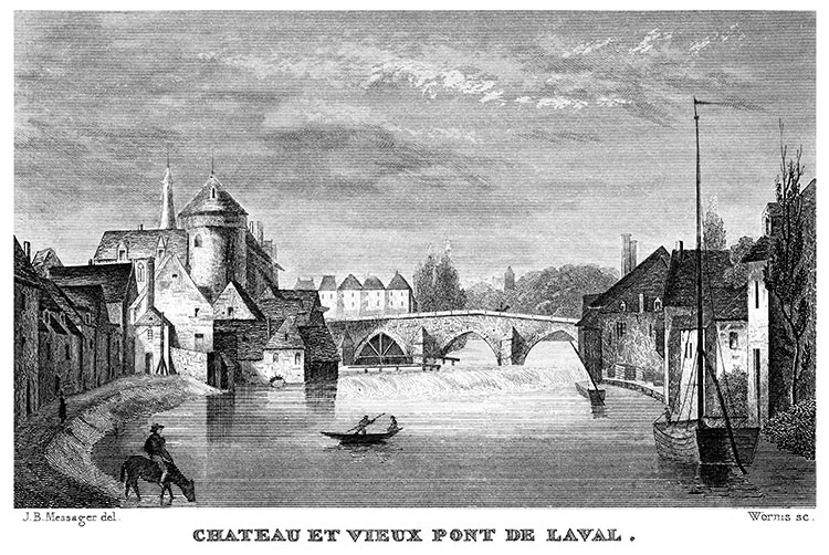 Laval, son château et vieux pont vers 1835 - gravure reproduite et restaurée numériquement par © Norbert Pousseur