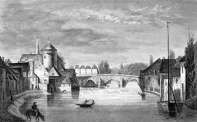 Zoom sur Laval, son château et vieux pont vers 1835 - gravure reproduite et restaurée numériquement par © Norbert Pousseur