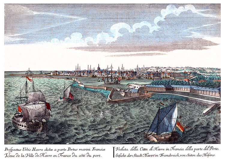 Vue de la ville du Havre du côté du port, la citadelle au premier plan  - gravure reproduite puis restaurée numériquement par © Norbert Pousseur
