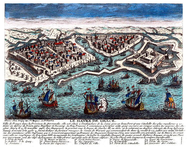 Vue d'optique du Havre, depuis la mer vers 1770  - gravure reproduite puis restaurée numériquement par © Norbert Pousseur
