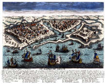 Pour zoom, Vue d'optique du Havre, depuis la mer vers 1770  - gravure reproduite puis restaurée numériquement par © Norbert Pousseur