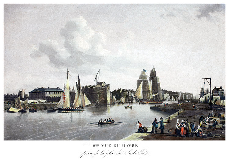 La Jetée sud-est du Havre vers 1830 - gravure de L Garneray reproduite puis restaurée numériquement par © Norbert Pousseur