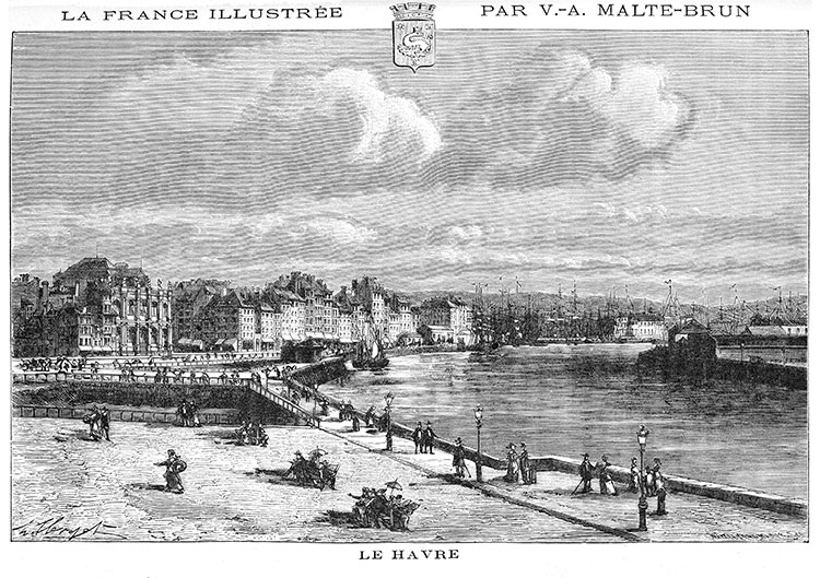 Les quais du port du Havre vers 1860 - gravure reproduite puis restaurée numériquement par © Norbert Pousseur