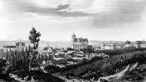 Zoom sur Le Mans depuis ses collines vers 1830 - gravure reproduite et restaurée numériquement par © Norbert Pousseur