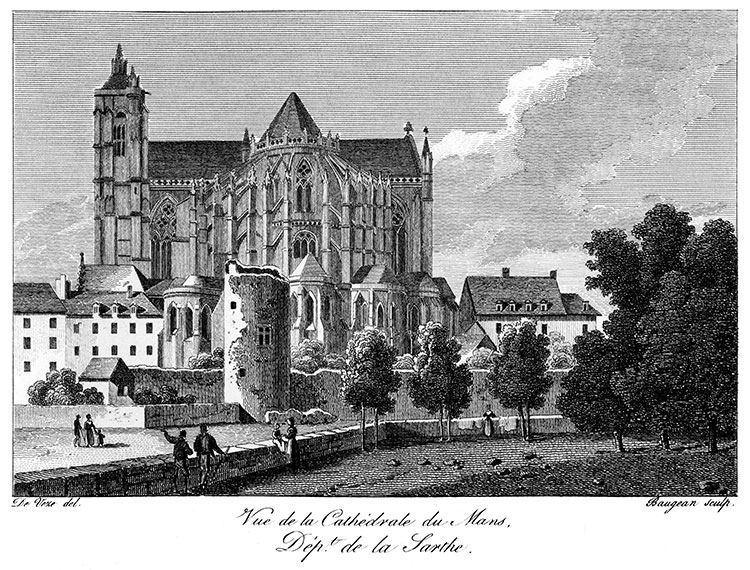 La cathédrale du Mans derrière ses remparts vers 1820 - gravure reproduite et restaurée numériquement par © Norbert Pousseur
