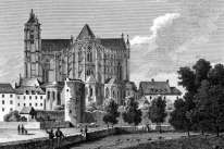 Zoom sur La cathédrale du Mans derrière ses remparts vers 1820 - gravure reproduite et restaurée numériquement par © Norbert Pousseur