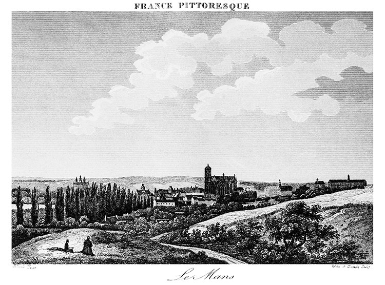 Le Mans depuis une route d'accès venant des collines vers 1830 - gravure reproduite et restaurée numériquement par © Norbert Pousseur