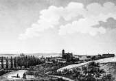 Zoom sur Le Mans depuis une route d'accès venant des collines vers 1830 - gravure reproduite et restaurée numériquement par © Norbert Pousseur