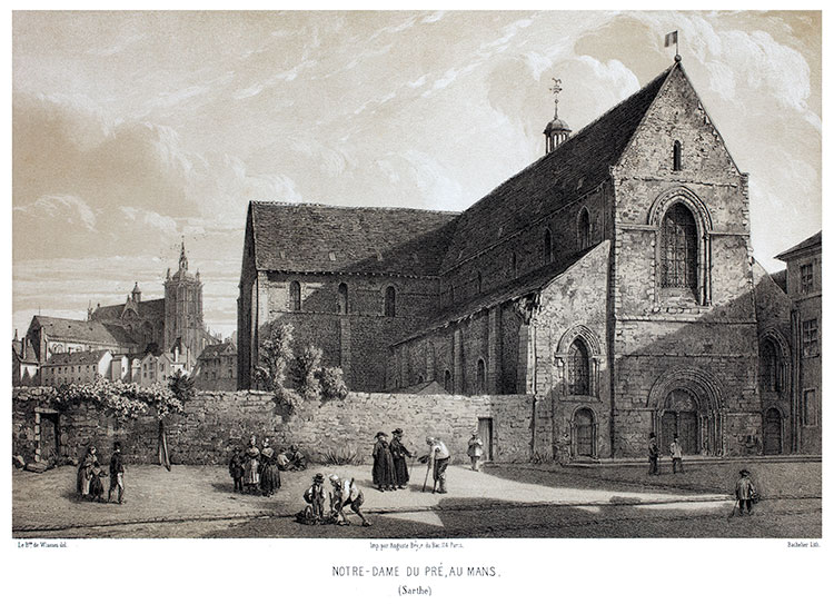 Eglise Notre-Dame du Pré au Mans vers 1850 - gravure reproduite et restaurée numériquement par © Norbert Pousseur