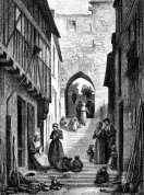 Zoom sur La grande poterne du Mans vers 1870 - gravure reproduite et restaurée numériquement par © Norbert Pousseur
