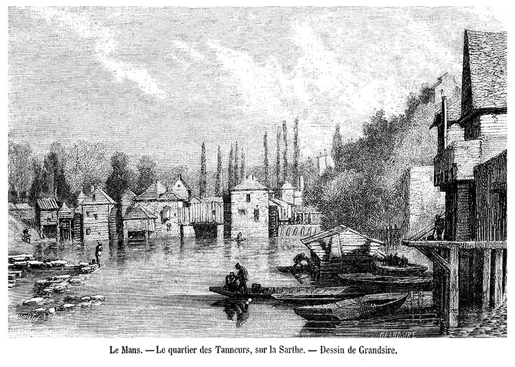 Le quartier des tanneurs du Mans vers 1870 - gravure reproduite et restaurée numériquement par © Norbert Pousseur