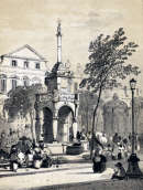 Pour Zoom : Liège : fontaine du Perron vers 1840 - gravure reproduite et restaurée numériquement par © Norbert Pousseur