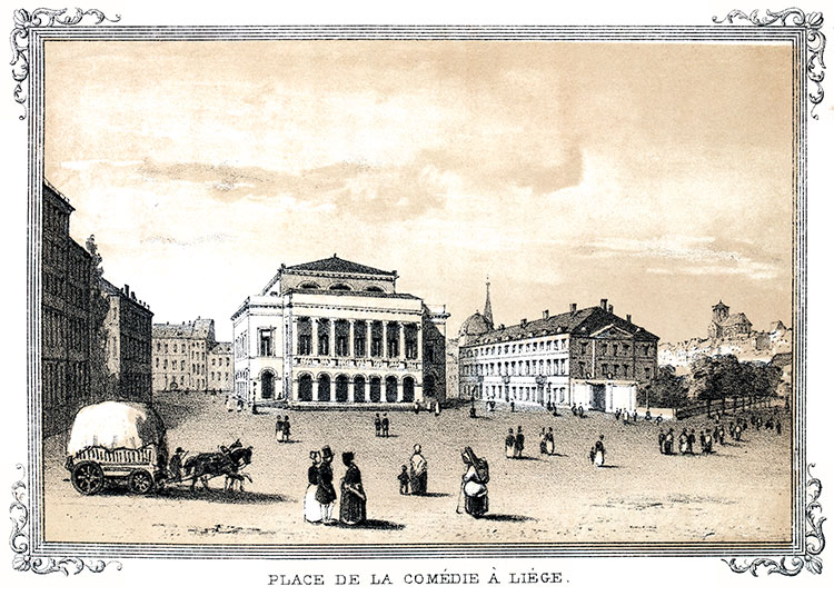 Liège : Place de la Comédie vers 1840 - gravure reproduite et restaurée numériquement par © Norbert Pousseur