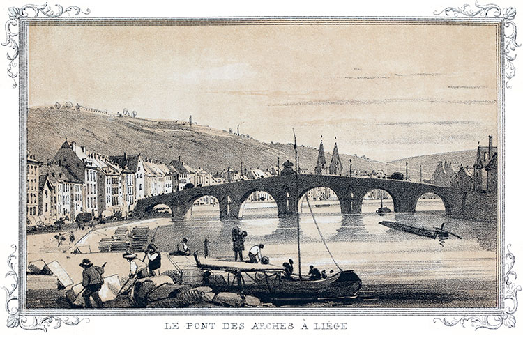 Liège : pont des Arches vers 1840 - gravure reproduite et restaurée numériquement par © Norbert Pousseur