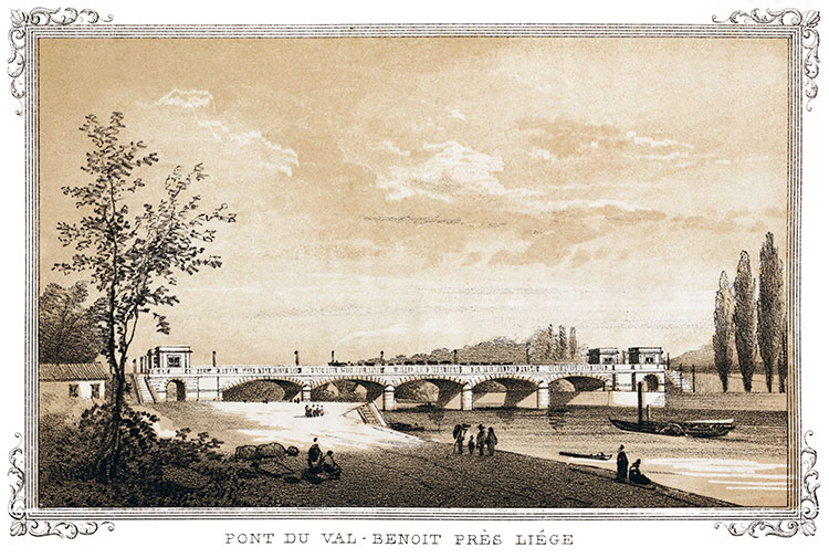Liège : pont du Val-Benoit vers 1840 - gravure reproduite et restaurée numériquement par © Norbert Pousseur