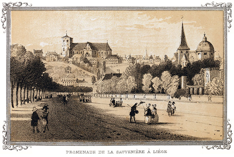 Liège : promenade de la Sauvenière vers 1840 - gravure reproduite et restaurée numériquement par © Norbert Pousseur