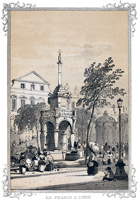 Liège : fontaine du Perron vers 1840 - gravure reproduite et restaurée numériquement par © Norbert Pousseur