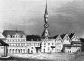 Zoom sur Le beffroi et l'ancien Hôtel de ville de Lille vers 1835, gravure de Rauch et restaurée numériquement par © Norbert Pousseur