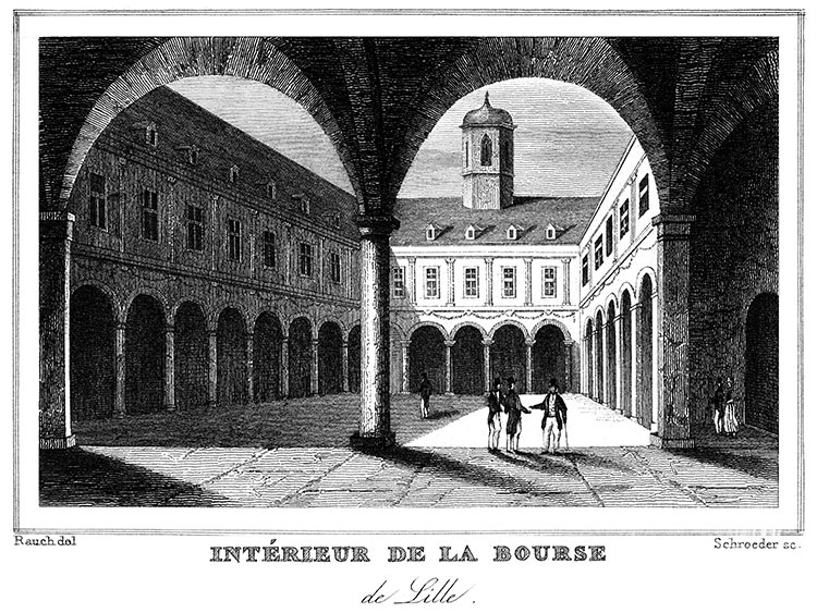 L'intérieur du la Bourse de Lille vers 1835, gravure de Rauch reproduite et restaurée numériquement par © Norbert Pousseur L'intérieur du la Bourse de Lille vers 1835, gravure de Rauch reproduite et restaurée numériquement par © Norbert Pousseur
