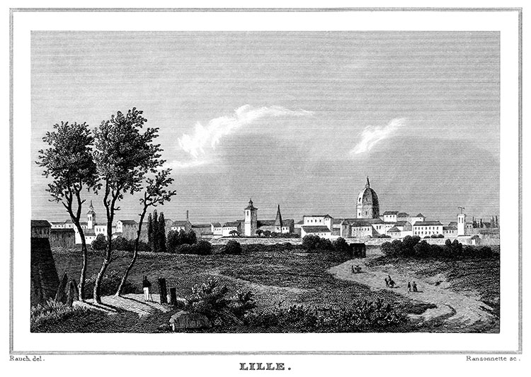 Lille depuis une de ses routes d'accès vers 1835 - gravure reproduite et restaurée numériquement par © Norbert Pousseur
