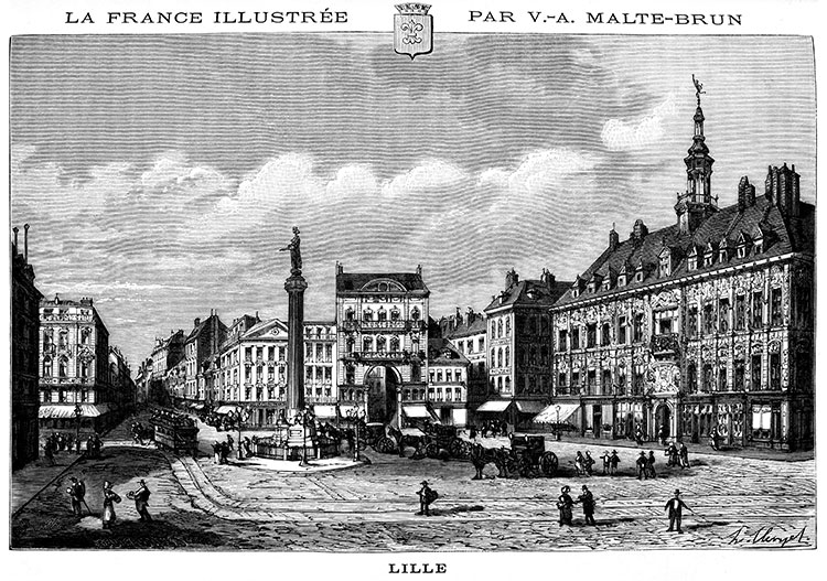 La place centrale de Lille vers 1875 - gravure reproduite et restaurée numériquement par © Norbert Pousseur La place centrale de Lille vers 1875 - gravure reproduite et restaurée numériquement par © Norbert Pousseur