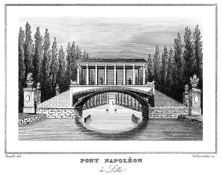 Le pont Napoléon à Lille vers 1835, gravure de Rauch reproduite et restaurée numériquement par © Norbert Pousseur Le pont Napoléon à Lille vers 1835, gravure de Rauch reproduite et restaurée numériquement par © Norbert Pousseur