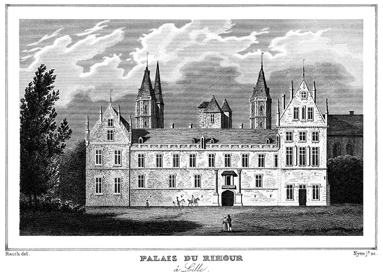 Le palais du Rihour de Lille vers 1835 - gravure reproduite et restaurée numériquement par © Norbert Pousseur Le palais du Rihour de Lille vers 1835 - gravure reproduite et restaurée numériquement par © Norbert Pousseur