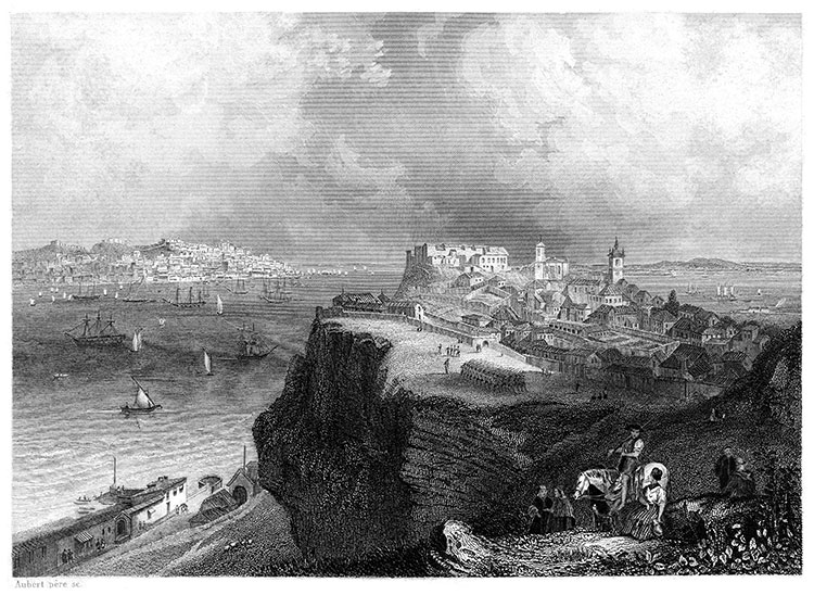 Lisbonne et le Fort Almeida, vers 1840 - gravure reproduite et restaurée numériquement par © Norbert Pousseur