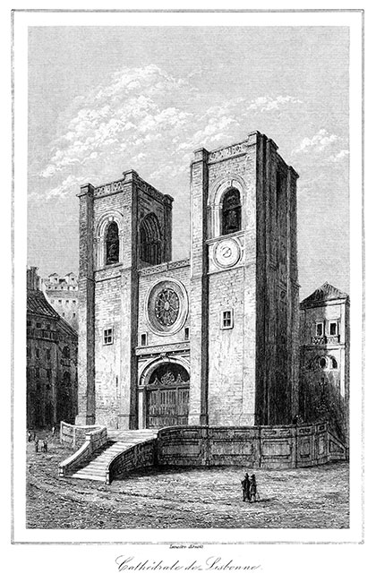 Façade de la cathédrale  de Lisbonne vers 1840 - reproduction de la  gravure et corrections numériques par © Norbert Pousseur