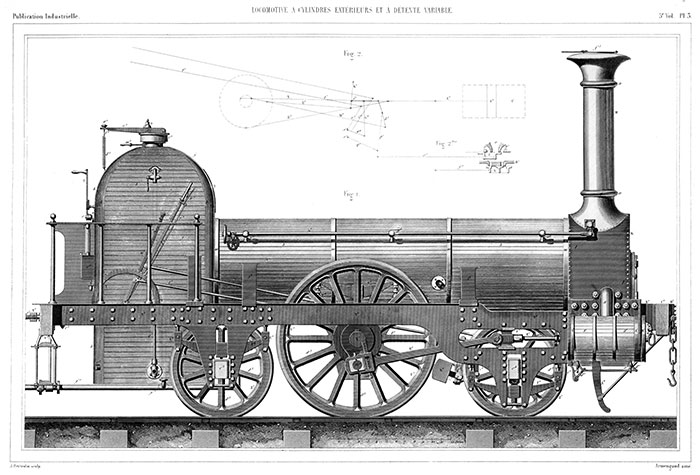 Coupe schématique d'une locomotive - gravure de 1855 reproduite puis restaurée par © Norbert Pousseur