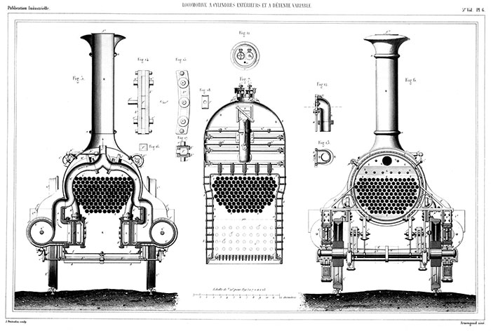 Coupe avant d'une locomotive de 1855  - gravure reproduite puis restaurée par © Norbert Pousseur