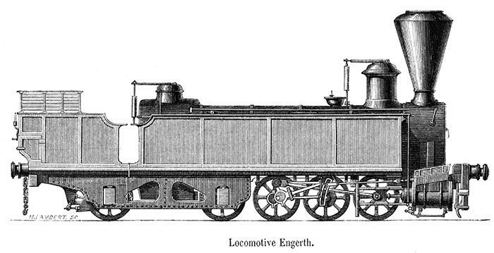 Locomotiive Engerth  - gravure de 1861 reproduite puis restaurée par © Norbert Pousseur