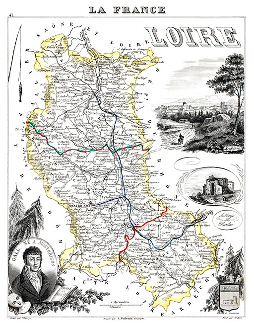 Carte de la Loire  par Vuillemin, 1851 - gravure reproduite et restaurée numériquement par © Norbert Pousseur