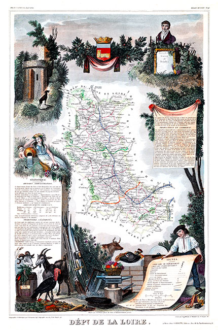 Carte de la Loire  par Levasseur, 1847 - gravure reproduite et restaurée numériquement par © Norbert Pousseur