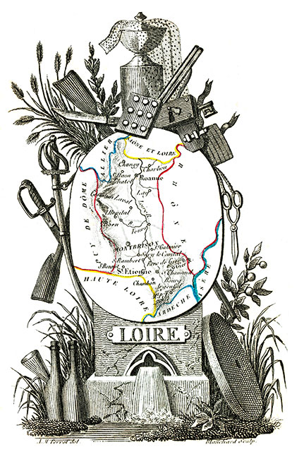 Carte succinte de la Loire  vers 1830 - gravure reproduite et restaurée numériquement par © Norbert Pousseur