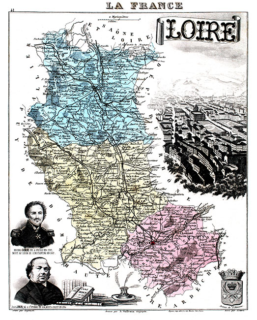 Carte du département de la Loire de Vuillemin - édition 1883 - gravure reproduite et restaurée numériquement par © Norbert Pousseur