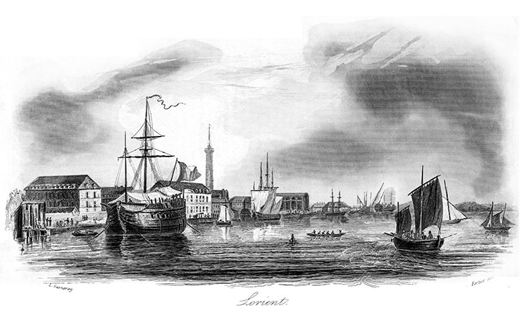 Lorient et bateaux de pêche vers 1835, - gravure reproduite et restaurée numériquement par © Norbert Pousseur