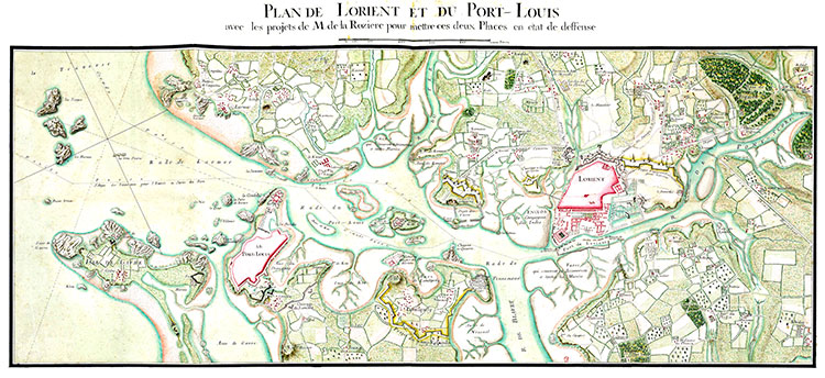 Plan de Lorient et de Port-Louis au 18ème siècle - gravure conservée et reproduite par l© 'INHA,restaurée numériquement par © Norbert Pousseur