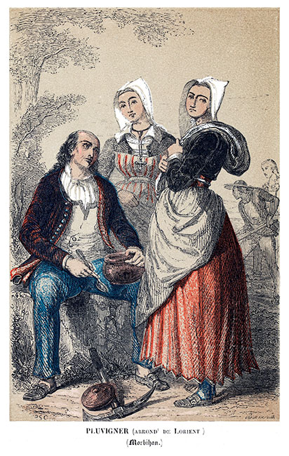 Bretons aux alentours de Lorient, à Pluvigner vers 1840, - gravure reproduite et restaurée numériquement par © Norbert Pousseur