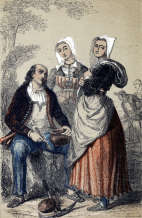 Zoom sur Bretons aux alentours de Lorient, à Pluvigner vers 1840, - gravure reproduite et restaurée numériquement par © Norbert Pousseur
