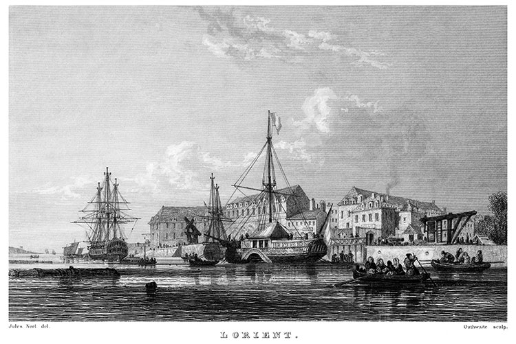 Navires devant les quais de Lorient vers 1840 - gravure reproduite et restaurée numériquement par © Norbert Pousseur