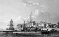 Zoom sur Navires devant les quais de Lorient vers 1840 - gravure reproduite et restaurée numériquement par © Norbert Pousseur
