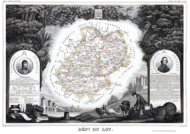 Carte de Levasseur du Lot en 1847 - gravure reproduite et restaurée numériquement par © Norbert Pousseur
