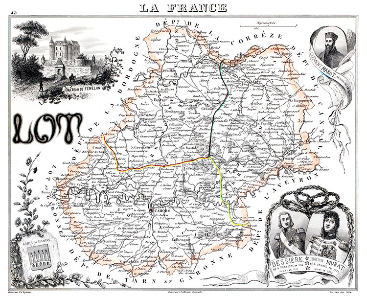 Carte du département du Lot en 1851 - gravure reproduite et restaurée numériquement par © Norbert Pousseur