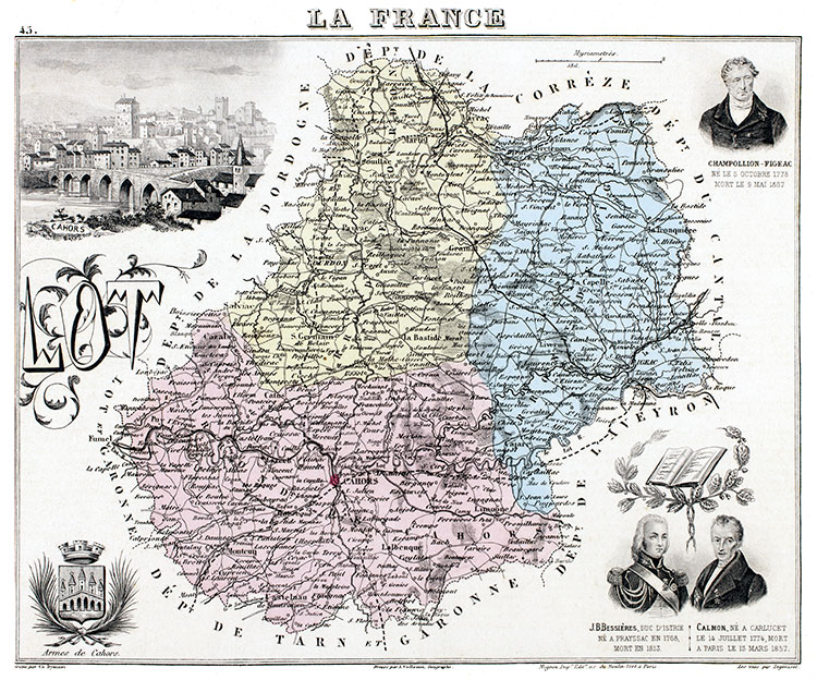 Carte du département du Lot en 1883 - gravure reproduite et restaurée numériquement par © Norbert Pousseur