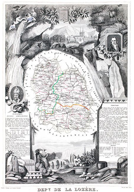 Carte de Levasseur de la Lozère en 1847 - gravure reproduite et restaurée numériquement par © Norbert Pousseur