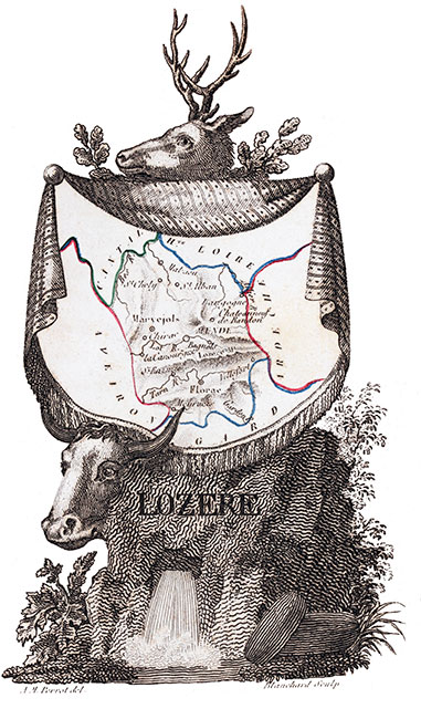 Carte succinte de la Lozère vers 1830 - gravure reproduite et restaurée numériquement par © Norbert Pousseur