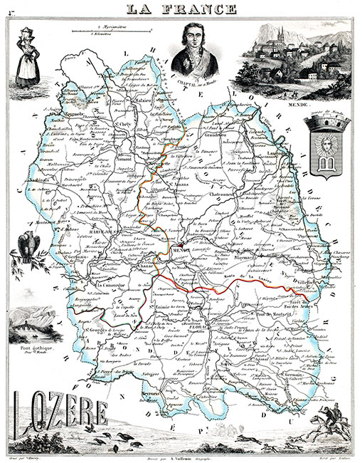 Carte du département de la Lozère en 1851 - gravure reproduite et restaurée numériquement par © Norbert Pousseur